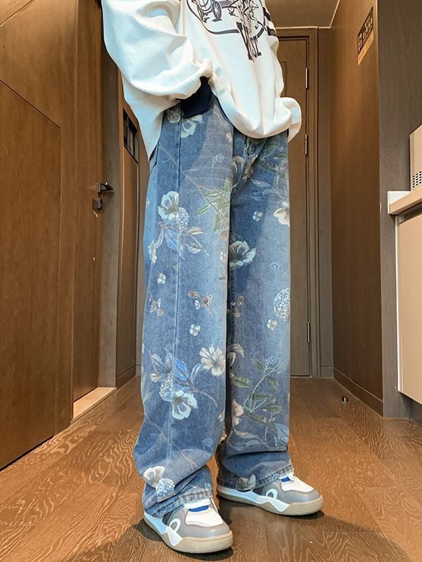 Blugi denim pentru bărbați, croială lejeră, picioare largi, talie medie, spălați, 75% bumbac