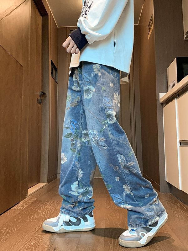 Blugi denim pentru bărbați, croială lejeră, picioare largi, talie medie, spălați, 75% bumbac