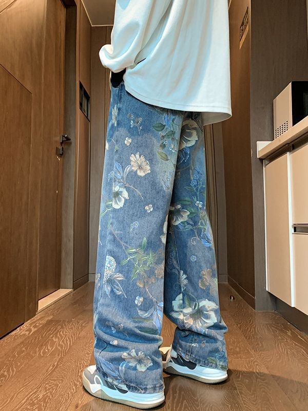 Blugi denim pentru bărbați, croială lejeră, picioare largi, talie medie, spălați, 75% bumbac