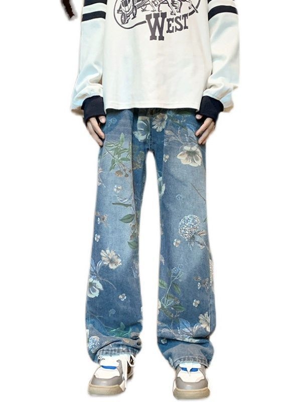 Blugi denim pentru bărbați, croială lejeră, picioare largi, talie medie, spălați, 75% bumbac