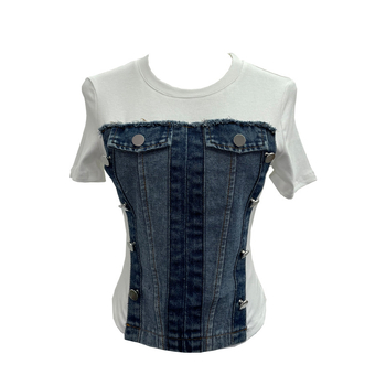 Női denim póló – szűk szabás, rövid ujjú, dizájn kollázs/varrás