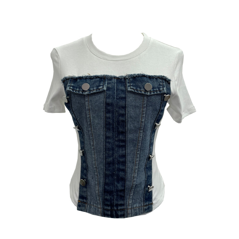 Női denim póló – szűk szabás, rövid ujjú, dizájn kollázs/varrás