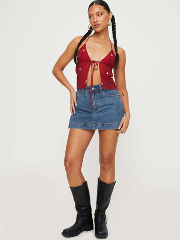 Γυναικεία τζιν φούστα-σορτς – κοντό μήκος, καλλιτεχνικό βινταζ ρετρό στυλ, μίξη πολυεστέρα-ελαστάν, καλοκαίρι 2025