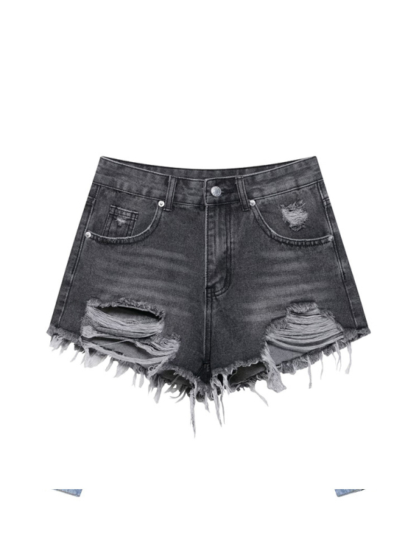 DLG Magas derekú denim rövidnadrág, lyukas részekkel és rojtos szegéllyel, vékony anyagú pamut-poliészter keverék, nyár 2025