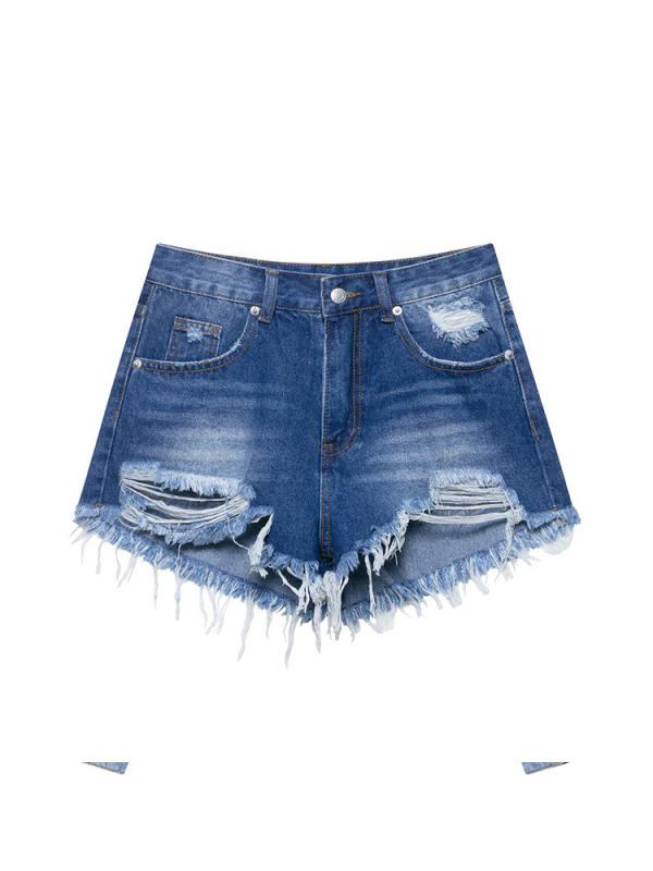 DLG Magas derekú denim rövidnadrág, lyukas részekkel és rojtos szegéllyel, vékony anyagú pamut-poliészter keverék, nyár 2025