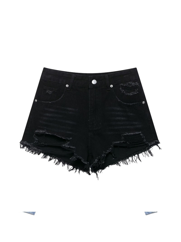 DLG Magas derekú denim rövidnadrág, lyukas részekkel és rojtos szegéllyel, vékony anyagú pamut-poliészter keverék, nyár 2025