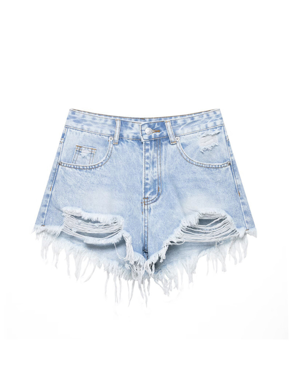 DLG Magas derekú denim rövidnadrág, lyukas részekkel és rojtos szegéllyel, vékony anyagú pamut-poliészter keverék, nyár 2025