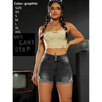 Denim rövidnadrág - Kopott hatás, háromnegyedes hossz, alacsony derék, homokmosás, pamut-poliészter keverék