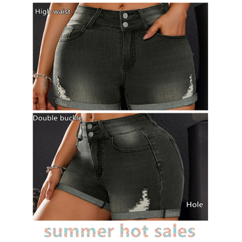 Denim rövidnadrág - Kopott hatás, háromnegyedes hossz, alacsony derék, homokmosás, pamut-poliészter keverék