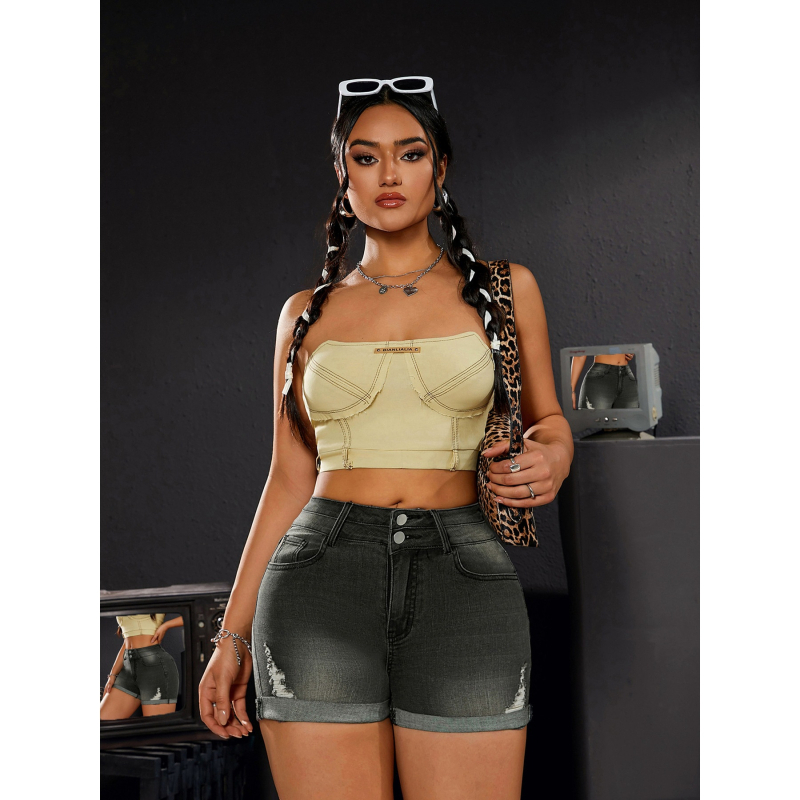 Denim rövidnadrág - Kopott hatás, háromnegyedes hossz, alacsony derék, homokmosás, pamut-poliészter keverék