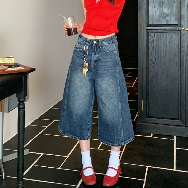 Γυναικείες cropped jeans σε αμερικανικό ρετρό στυλ, υψηλή μέση, ίσια γραμμή, ντένιμ