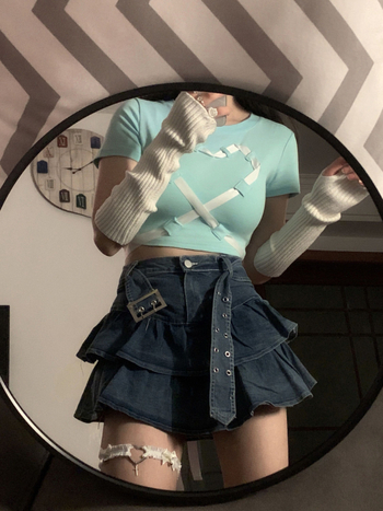 Дънкова пола А-образна, висока талия, плисирана, къса дължина, смес памук и полиестер