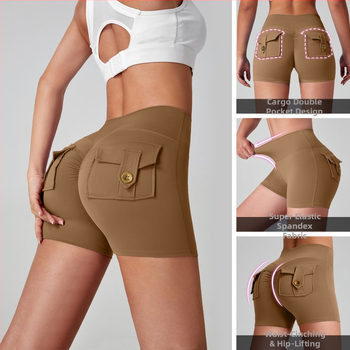 Γυναικείοι ναϊλον σορτς γυμναστικής με τσέπες, απομάκρυνση υγρασίας, υψηλή μέση, στενή εφαρμογή, ανύψωση γλουτών