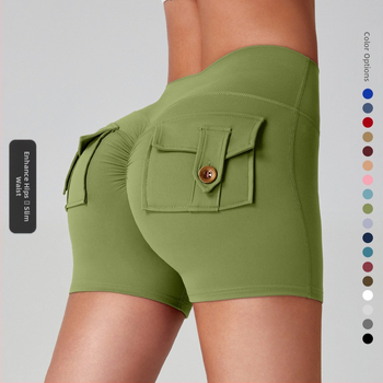 Γυναικείοι ναϊλον σορτς γυμναστικής με τσέπες, απομάκρυνση υγρασίας, υψηλή μέση, στενή εφαρμογή, ανύψωση γλουτών