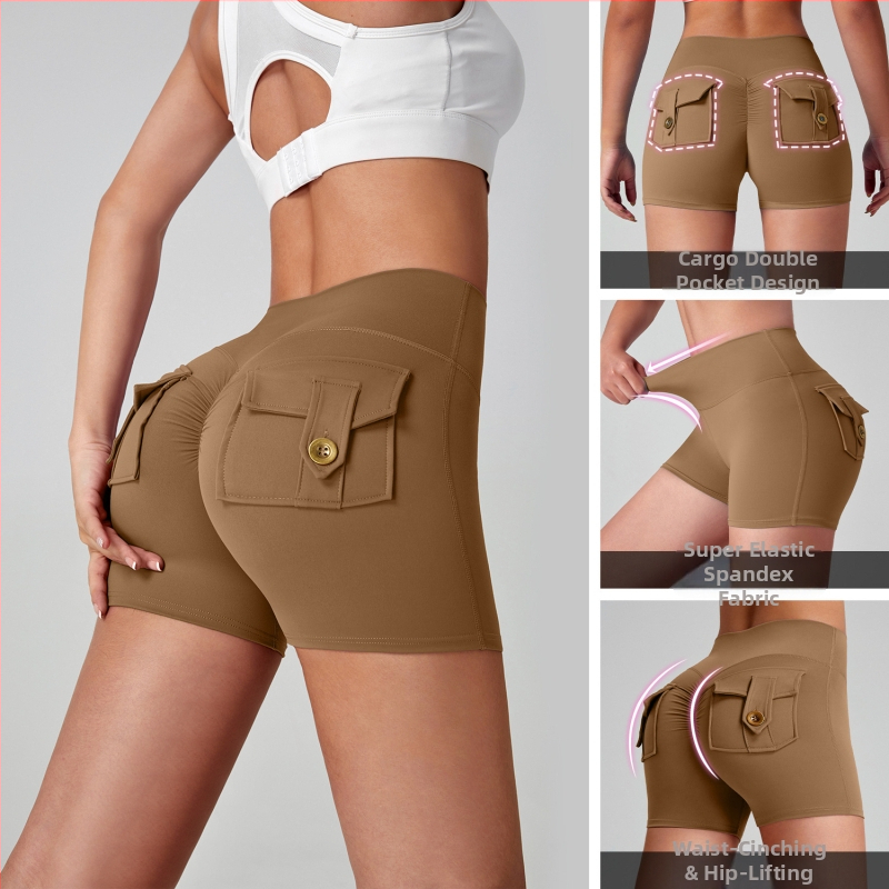 Naiste nailonist sportlühikesed taskudega, niiskust juhtivad, kõrge vöökohal, tuharate tõstmine, tihe lõige