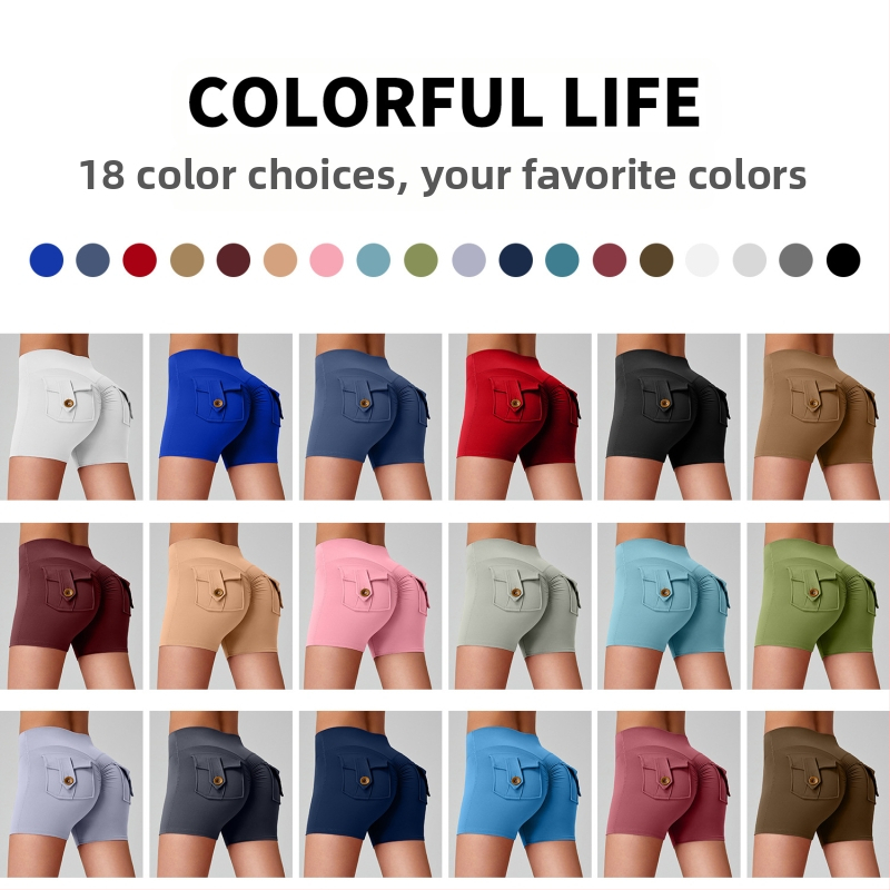 Naiste nailonist sportlühikesed taskudega, niiskust juhtivad, kõrge vöökohal, tuharate tõstmine, tihe lõige