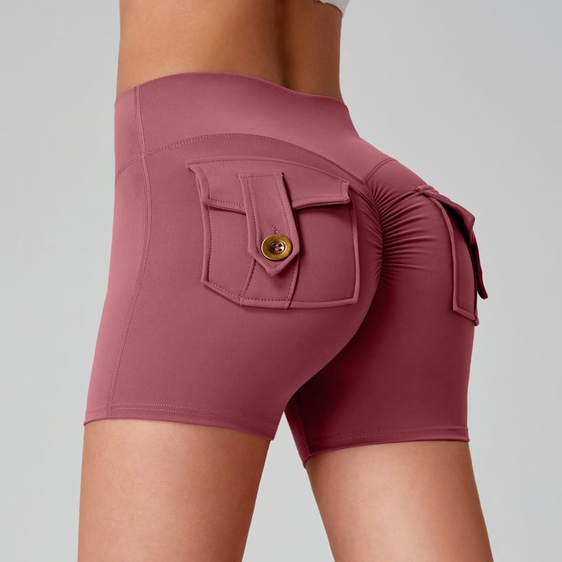 Γυναικείοι ναϊλον σορτς γυμναστικής με τσέπες, απομάκρυνση υγρασίας, υψηλή μέση, στενή εφαρμογή, ανύψωση γλουτών