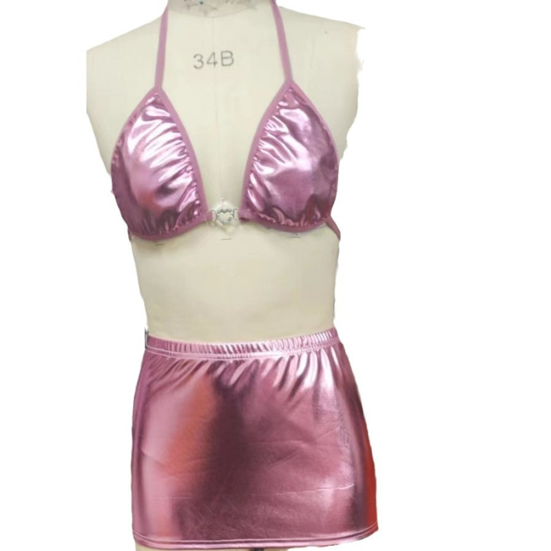 Eidryalla női szexi fehérnemű készlet elasztikus fényes PU fémes hatású mini szoknyával, poliészter 95–100%, 2024 nyár