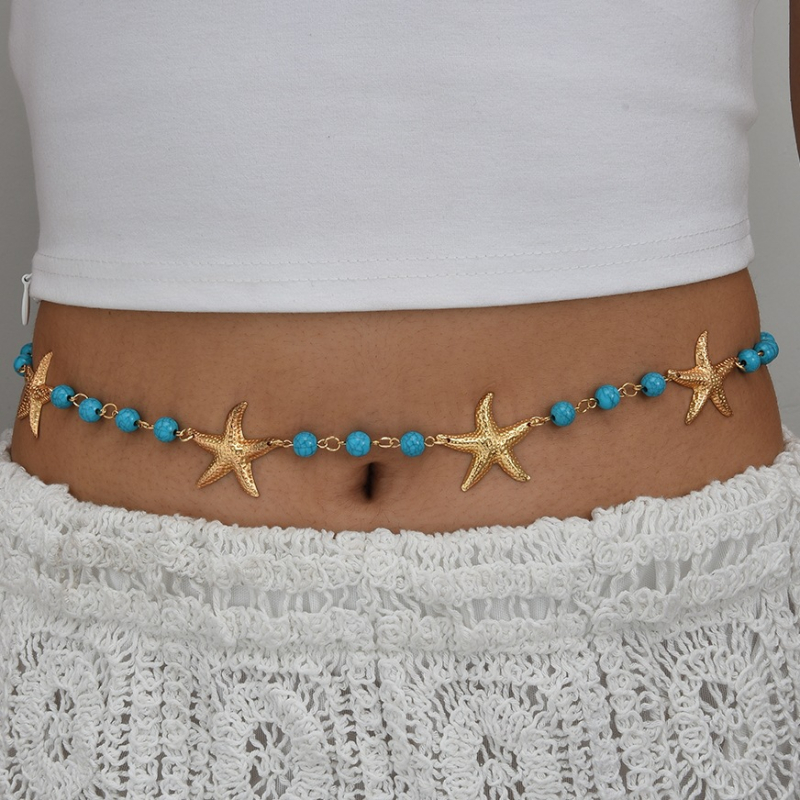 Метален колан за талия с форма на морска звезда и изкуствен камък, елегантен стил, дължина 60–80 см