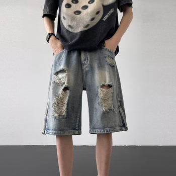 Дънкови шорти с разкъсвания, мъжки, прав силует, средна талия, цип закопчаване, 85% памук