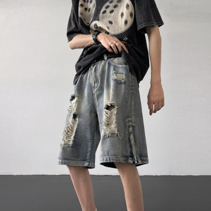 Szakadt farmer rövidnadrág férfiaknak, egyenes szabás, középső derekú, cipzár