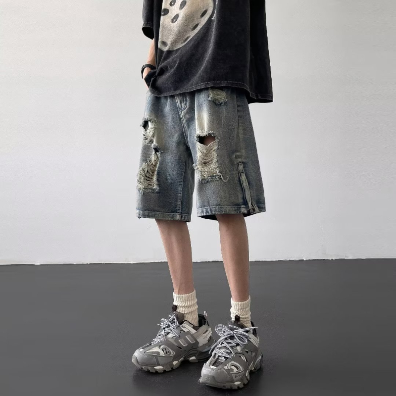 Szakadt farmer rövidnadrág férfiaknak, egyenes szabás, középső derekú, cipzár