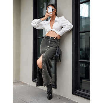 Φούστα τζιν με γραμμή ισχίου, μακριά, μονόχρωμη, βαμβάκι 80–90%, πολυεστέρας κάτω από 30%