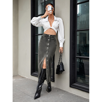 Φούστα τζιν με γραμμή ισχίου, μακριά, μονόχρωμη, βαμβάκι 80–90%, πολυεστέρας κάτω από 30%