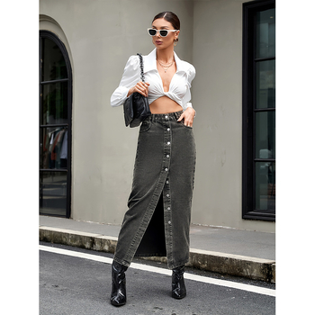 Φούστα τζιν με γραμμή ισχίου, μακριά, μονόχρωμη, βαμβάκι 80–90%, πολυεστέρας κάτω από 30%