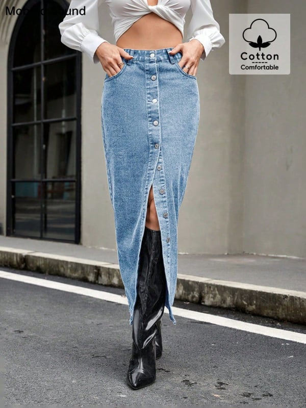 Дънкова хип пола, дълга, едноцветна, памук 80-90%, полиестер под 30%