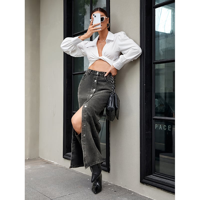 Дънкова хип пола, дълга, едноцветна, памук 80-90%, полиестер под 30%