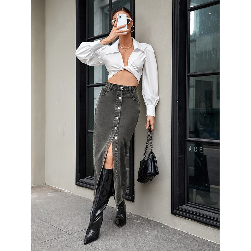 Дънкова хип пола, дълга, едноцветна, памук 80-90%, полиестер под 30%