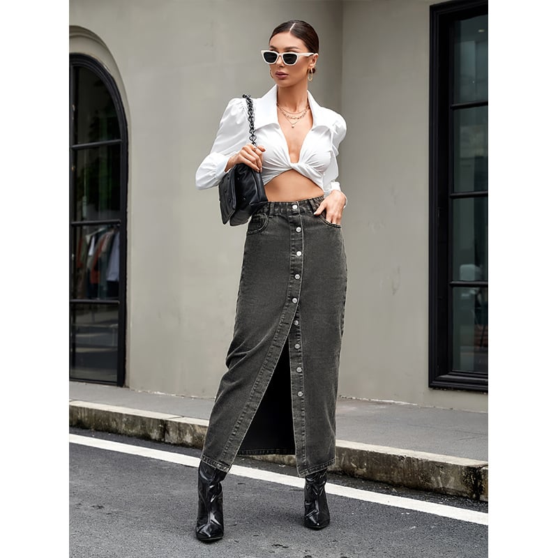 Дънкова хип пола, дълга, едноцветна, памук 80-90%, полиестер под 30%