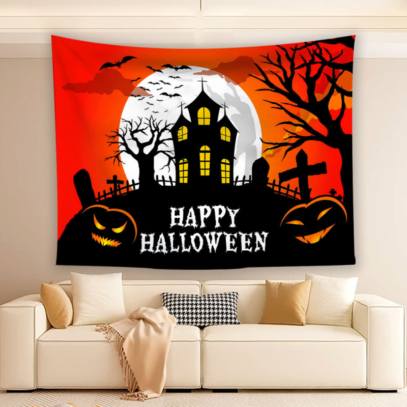 Helovīna atmosfēras dekoratīvs gobelēns kā fona audums, 100% poliester, nordiskais stils, digitālā termiskā pārnešana, taisnstūra forma, raksts: karikatūras/anime
