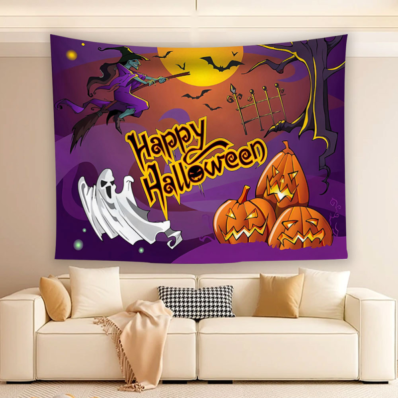 Helovīna atmosfēras dekoratīvs gobelēns kā fona audums, 100% poliester, nordiskais stils, digitālā termiskā pārnešana, taisnstūra forma, raksts: karikatūras/anime