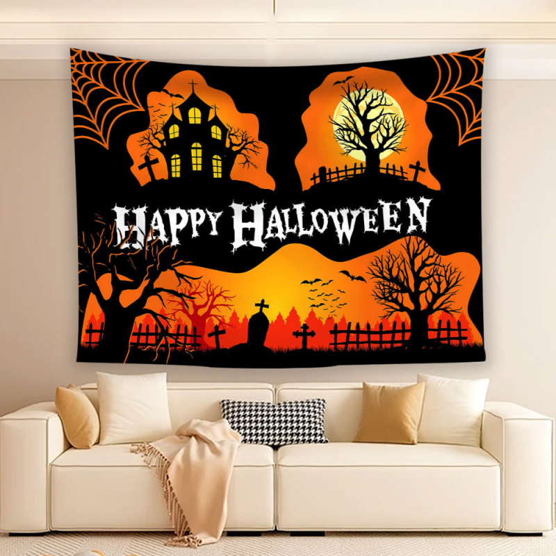 Helovīna atmosfēras dekoratīvs gobelēns kā fona audums, 100% poliester, nordiskais stils, digitālā termiskā pārnešana, taisnstūra forma, raksts: karikatūras/anime