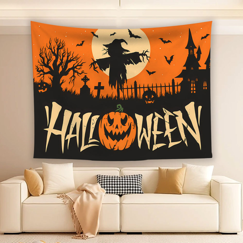 Helovīna atmosfēras dekoratīvs gobelēns kā fona audums, 100% poliester, nordiskais stils, digitālā termiskā pārnešana, taisnstūra forma, raksts: karikatūras/anime
