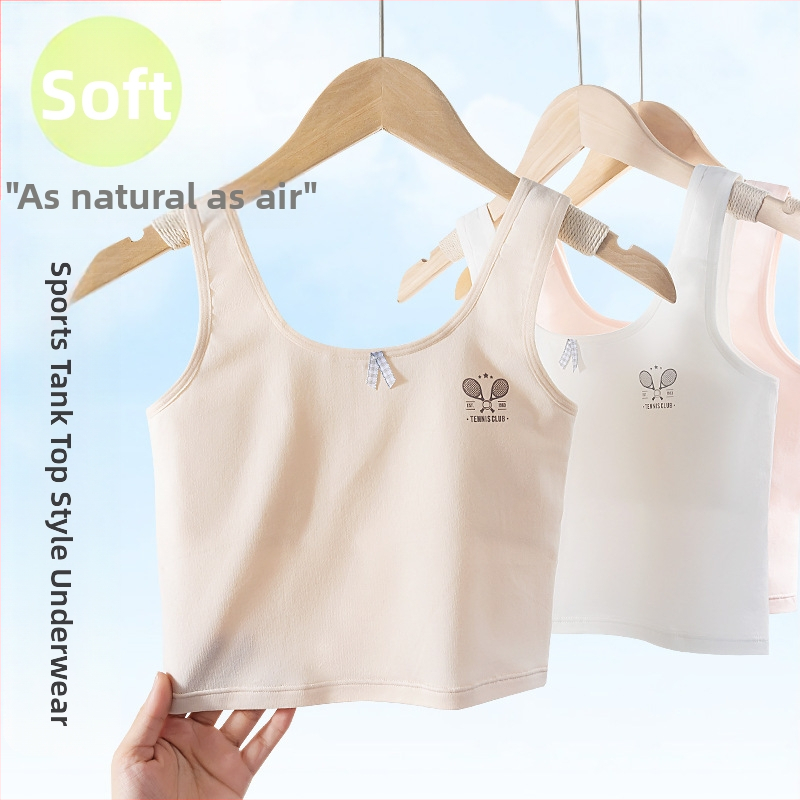 Памучен потник-сутиен за момичета, стил потник, пълна чашка, тънък формован чашка, без метална тел, фиксирани двойни презрамки, дишащ комфорт, за възраст 9–13 г