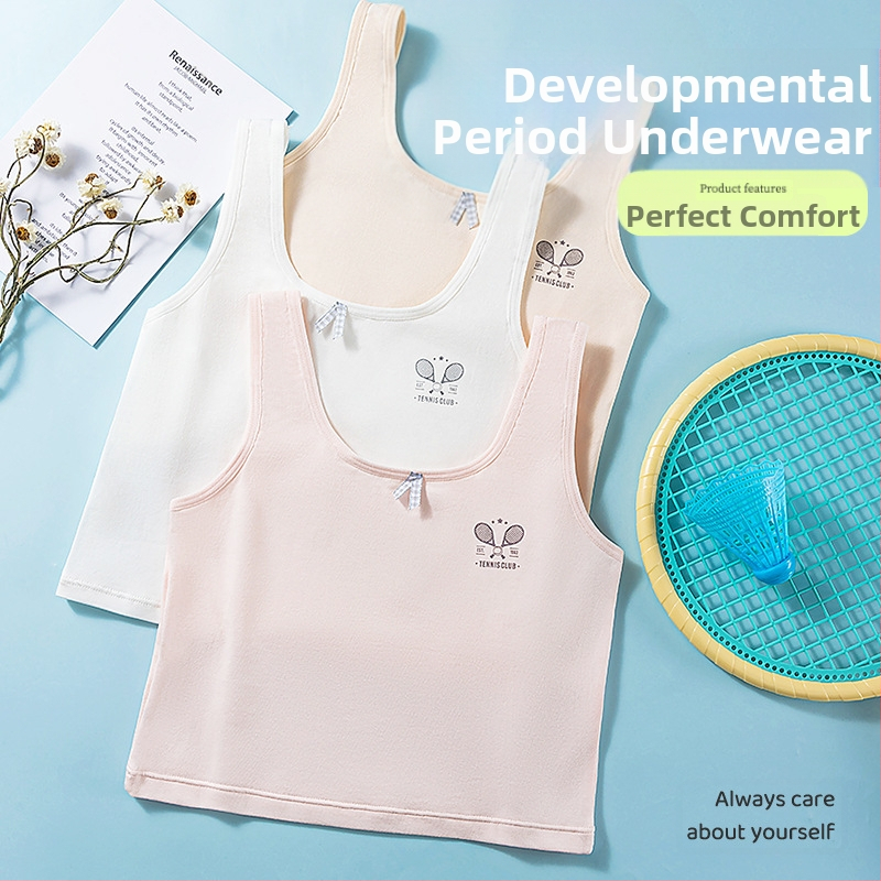 Памучен потник-сутиен за момичета, стил потник, пълна чашка, тънък формован чашка, без метална тел, фиксирани двойни презрамки, дишащ комфорт, за възраст 9–13 г