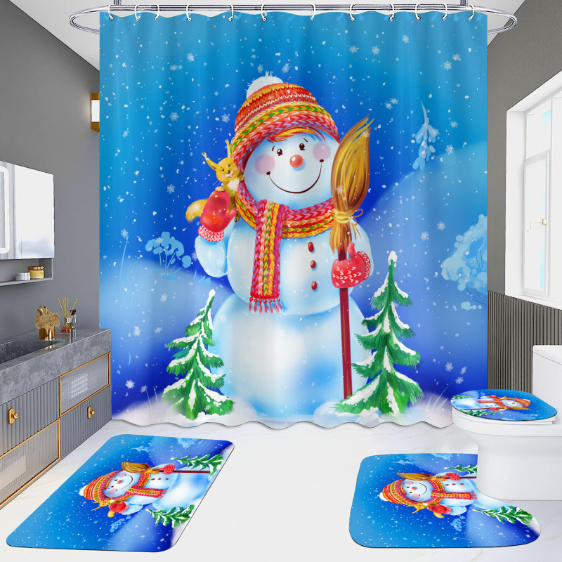 Душ завеса, комплект от 4 части с дизайн на коледен снежен човек, водоустойчива, без пробиване, HD дигитален печат