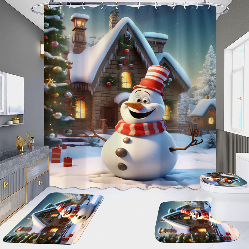 Душ завеса, комплект от 4 части с дизайн на коледен снежен човек, водоустойчива, без пробиване, HD дигитален печат