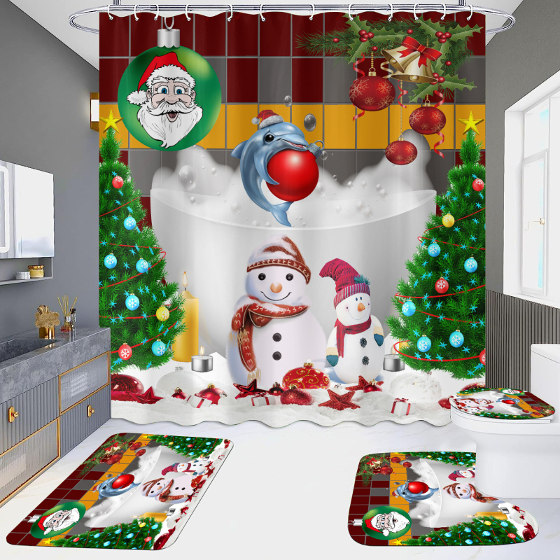 Душ завеса, комплект от 4 части с дизайн на коледен снежен човек, водоустойчива, без пробиване, HD дигитален печат