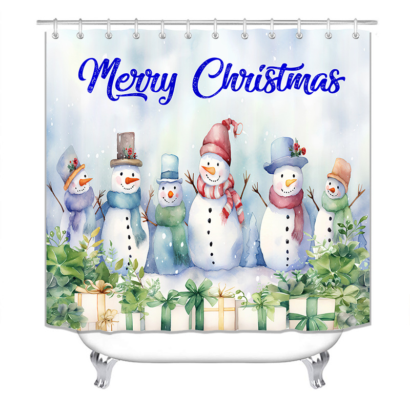 Душ завеса, комплект от 4 части с дизайн на коледен снежен човек, водоустойчива, без пробиване, HD дигитален печат
