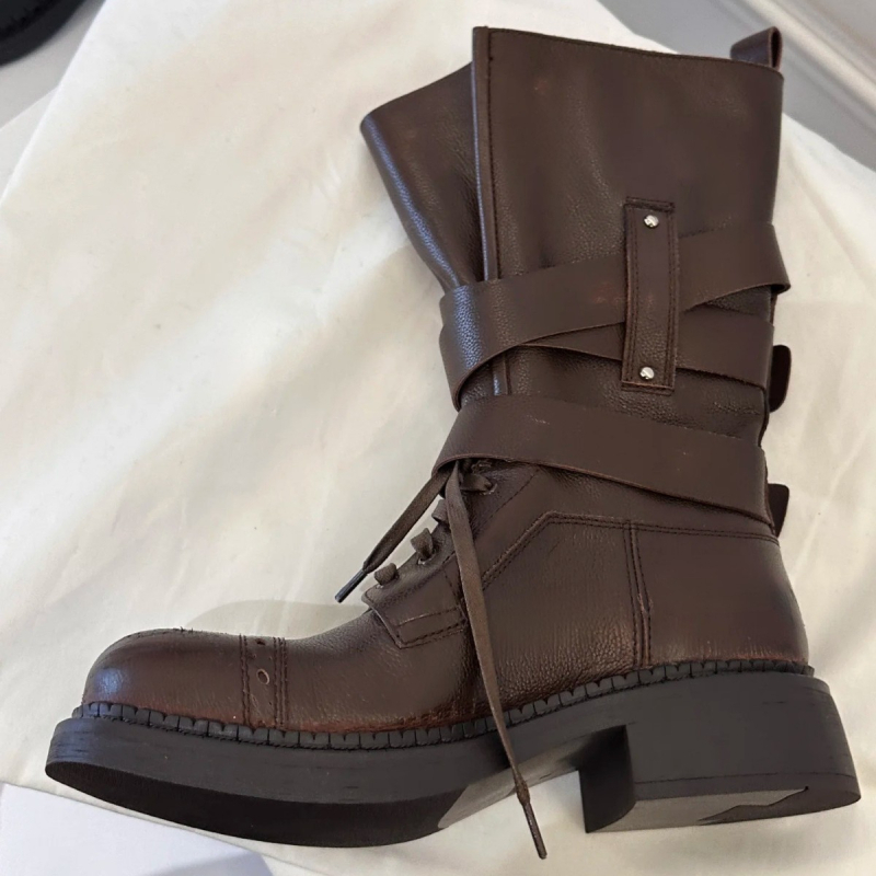 Cizme de cavaler cu tub mediu, material superior fibră super, talpă din cauciuc, toc gros, înălțime toc 3-5 cm