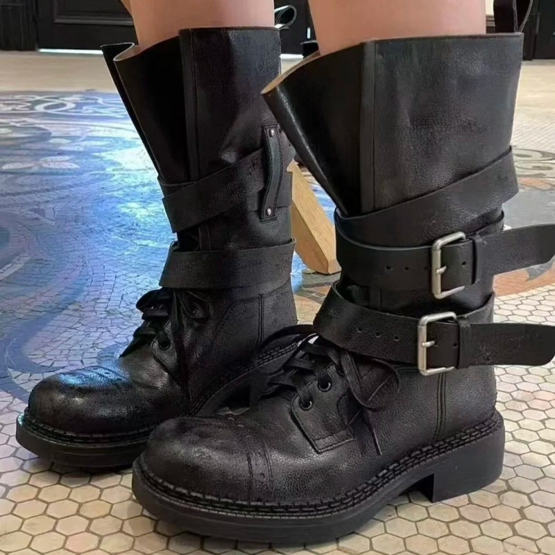 Cizme de cavaler cu tub mediu, material superior fibră super, talpă din cauciuc, toc gros, înălțime toc 3-5 cm