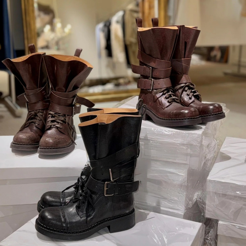 Cizme de cavaler cu tub mediu, material superior fibră super, talpă din cauciuc, toc gros, înălțime toc 3-5 cm