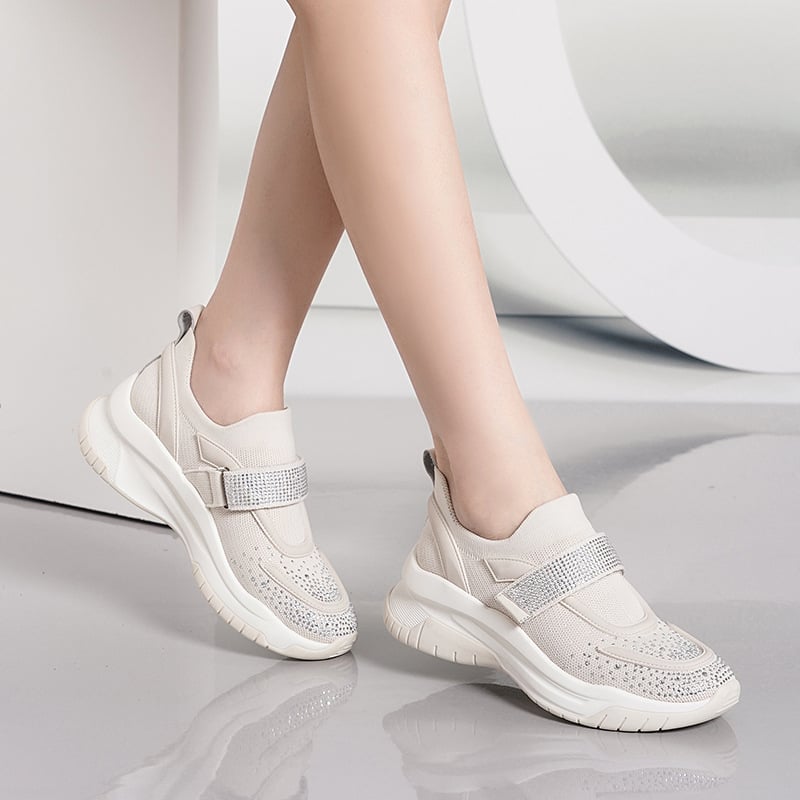 Női kényelmes casual cipő, lélegző textile felsőrész, kerek orr, klín sarok 3–5 cm, Velcro-zárás