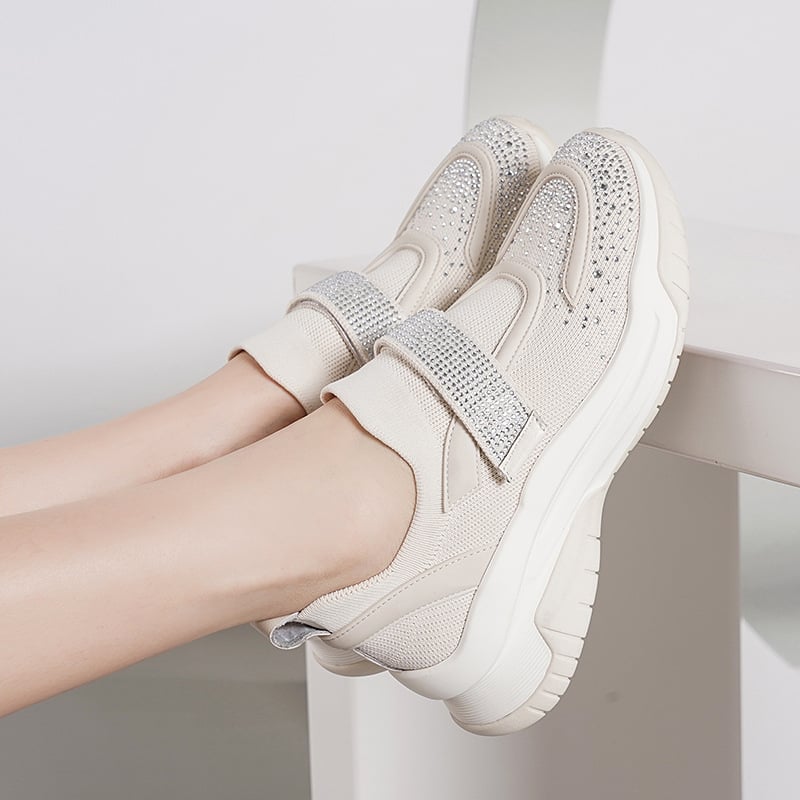 Női kényelmes casual cipő, lélegző textile felsőrész, kerek orr, klín sarok 3–5 cm, Velcro-zárás