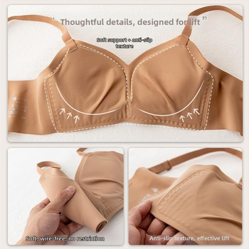 Sutien fără sârmă, cupe modelate cu partea superioară subțire și partea inferioară mai groasă; material principal nailon, căptușeală spandex; bretele fixe duble; închidere pe spate cu trei rânduri de catarame