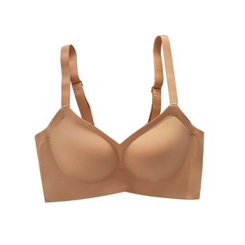 Sutien fără sârmă, cupe modelate cu partea superioară subțire și partea inferioară mai groasă; material principal nailon, căptușeală spandex; bretele fixe duble; închidere pe spate cu trei rânduri de catarame